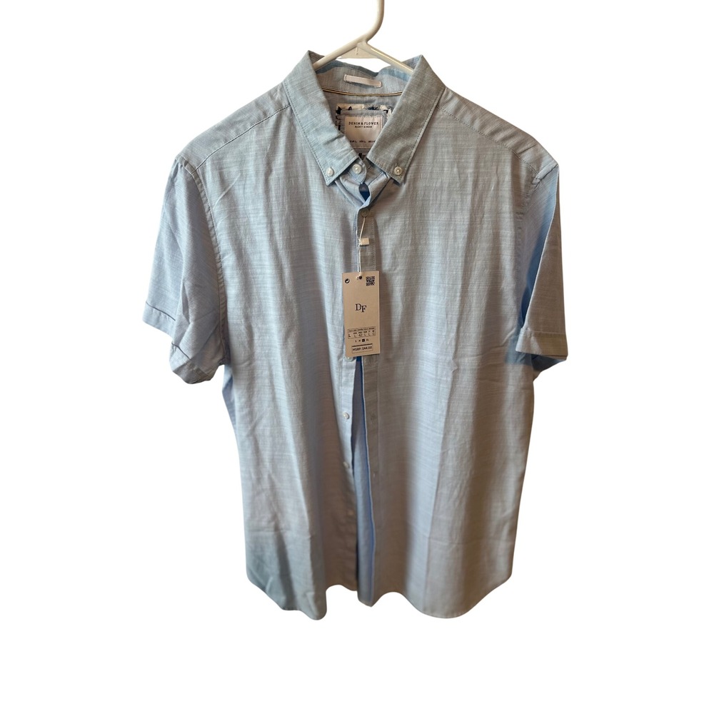 Denim & Flower Mens Short Sleeve‎ Button Down Casual Light Blue Shirt